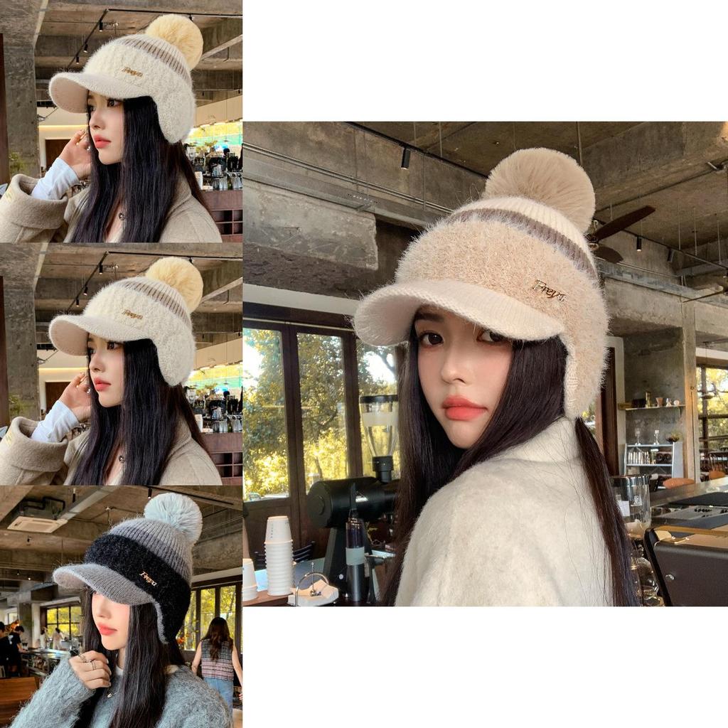 Knit Hat Women Winter Warm Woolen Earmuff Cap With Short Brim For Casual Fashion
