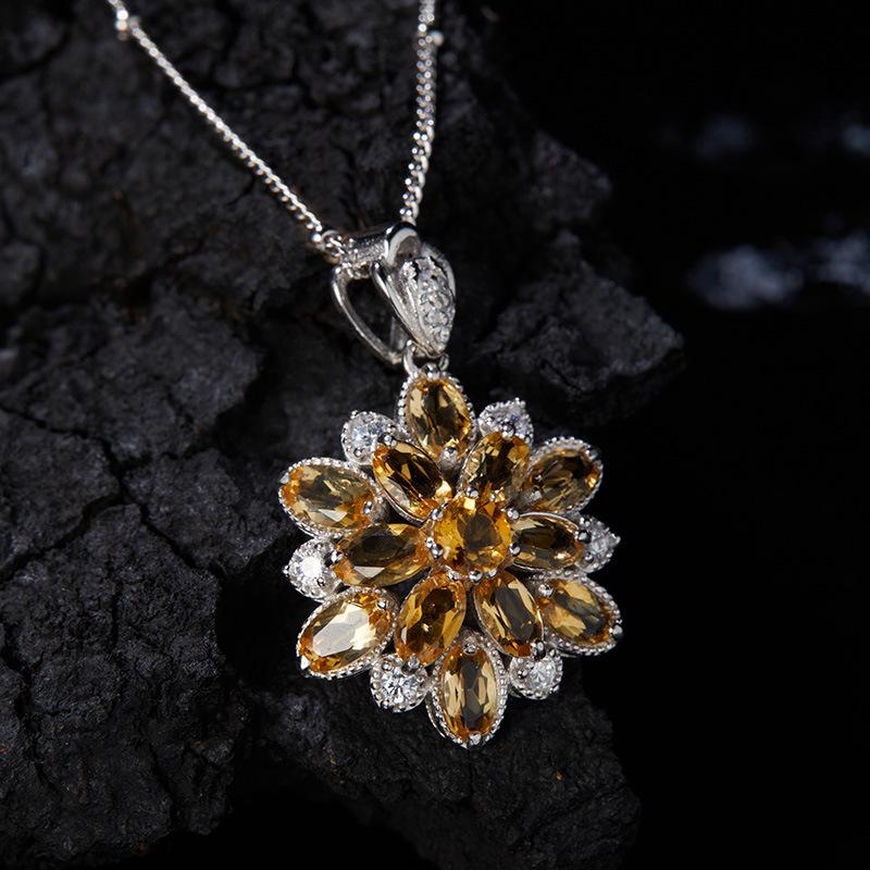 S925 Sterling Silber Natürlicher Citrin Peridot Farbiger Schatz Halskette Damen Premium Dreidimensionaler Blumen Anhänger
