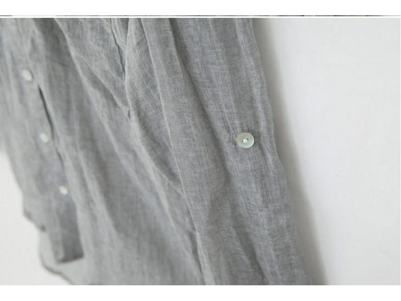 Women's Summer Seven Sleeve Loose Cotton Linen Stand Collar Blouse