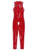 Catsuit en cuir verni brillant pour femmes, bonnets ouverts, body sans entrejambe, col montant, sans manches, slim, Clubwear