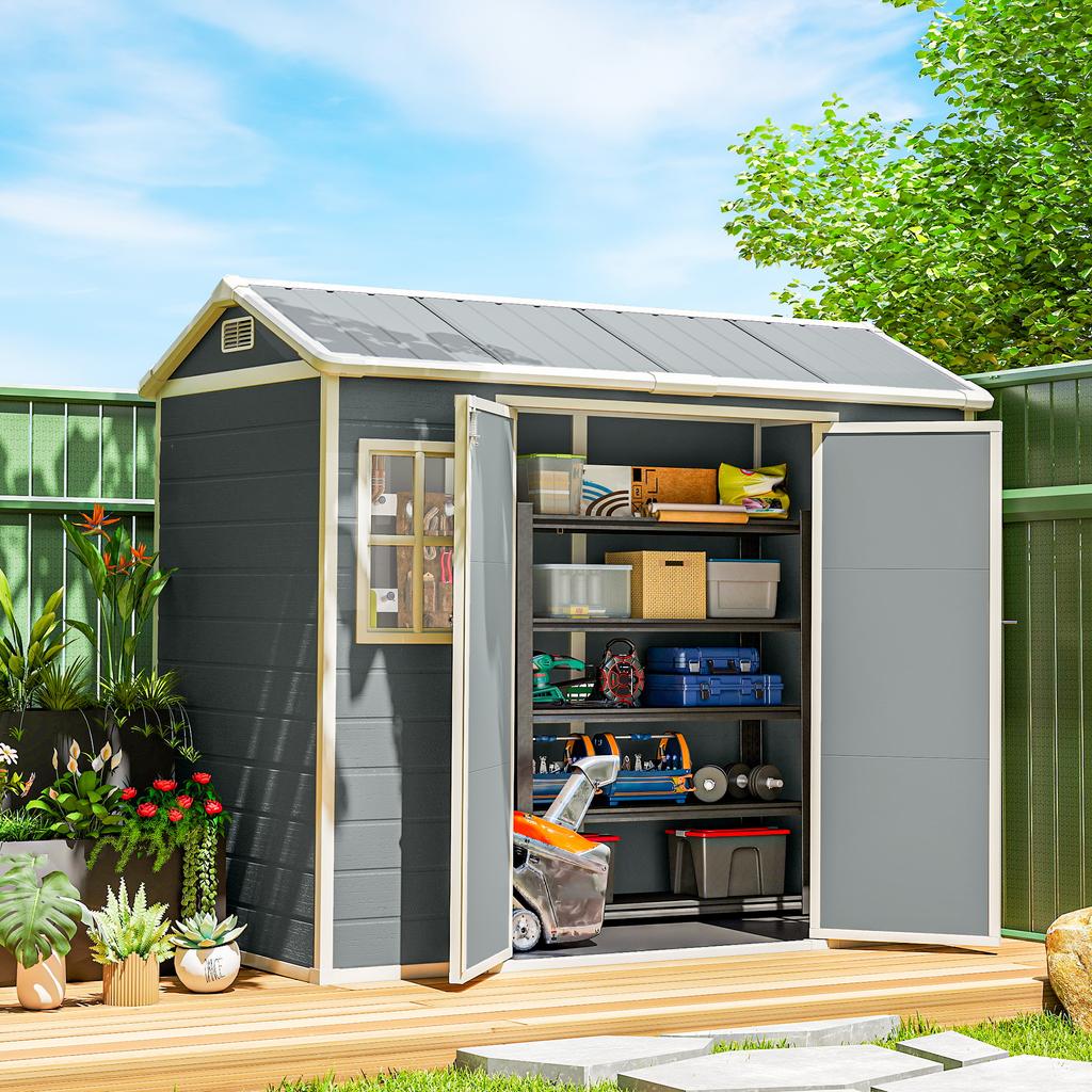 8 X 4 Ft Plastic Garden Shed, Wood-Effect Outdoor Storage Shed with Floor, Windows, Lockable Doors and Vents, Light Grey