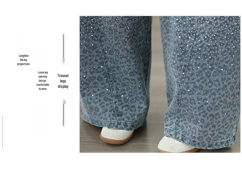 Leopard Print Rhinestone Plus Size Wide-Leg Denim Pants - Elastic, Loose, Slimming, Versatile Casual Wear