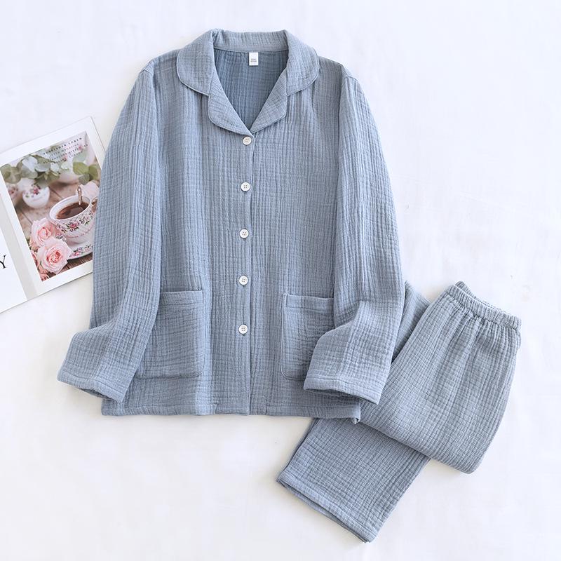 Set pigiama primaverile per coppia: Spesso Plaid in Puro Cotone, Manica Lunga da Donna e da Uomo, Vestibilità Ampia