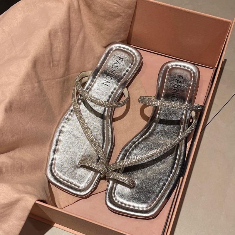 -Women's shoes cool slippers women's summer new wear rhinestone sandals one-word low-heeled flat slippers