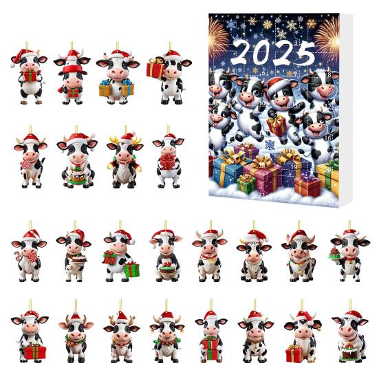 Kraví adventní kalendář 2025 24 dní odpočítávací kalendář do Vánoc s 2D akrylovými závěsnými ozdobami skotské vysočinské krávy Roztomilý kraví přívěsek na vánoční stromeček