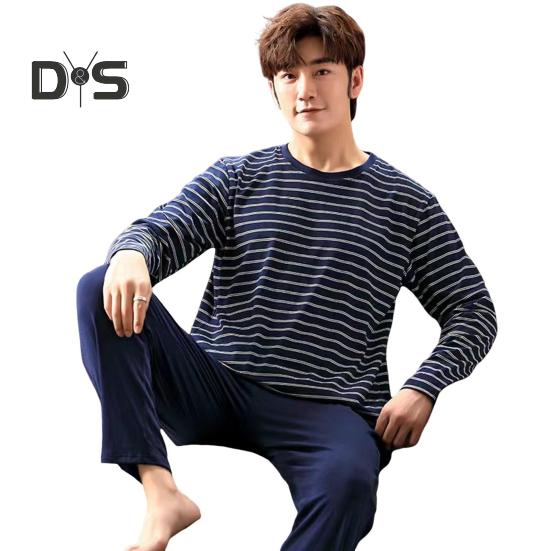 

Комплект из 2 предметов: мужская пижама с круглым вырезом, длинными рукавами, полосатым принтом, топами и длинными брюками на эластичной талии, комплект домашней одежды для отдыха XXL синий