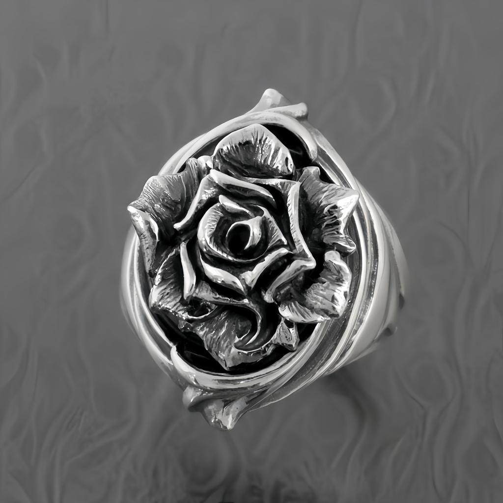 Retro Dark Rose Adjustable Open Ring For Men Silver-plated Copper Gothic Punk Edgy  Vintage Floral Accessories Cool Gift