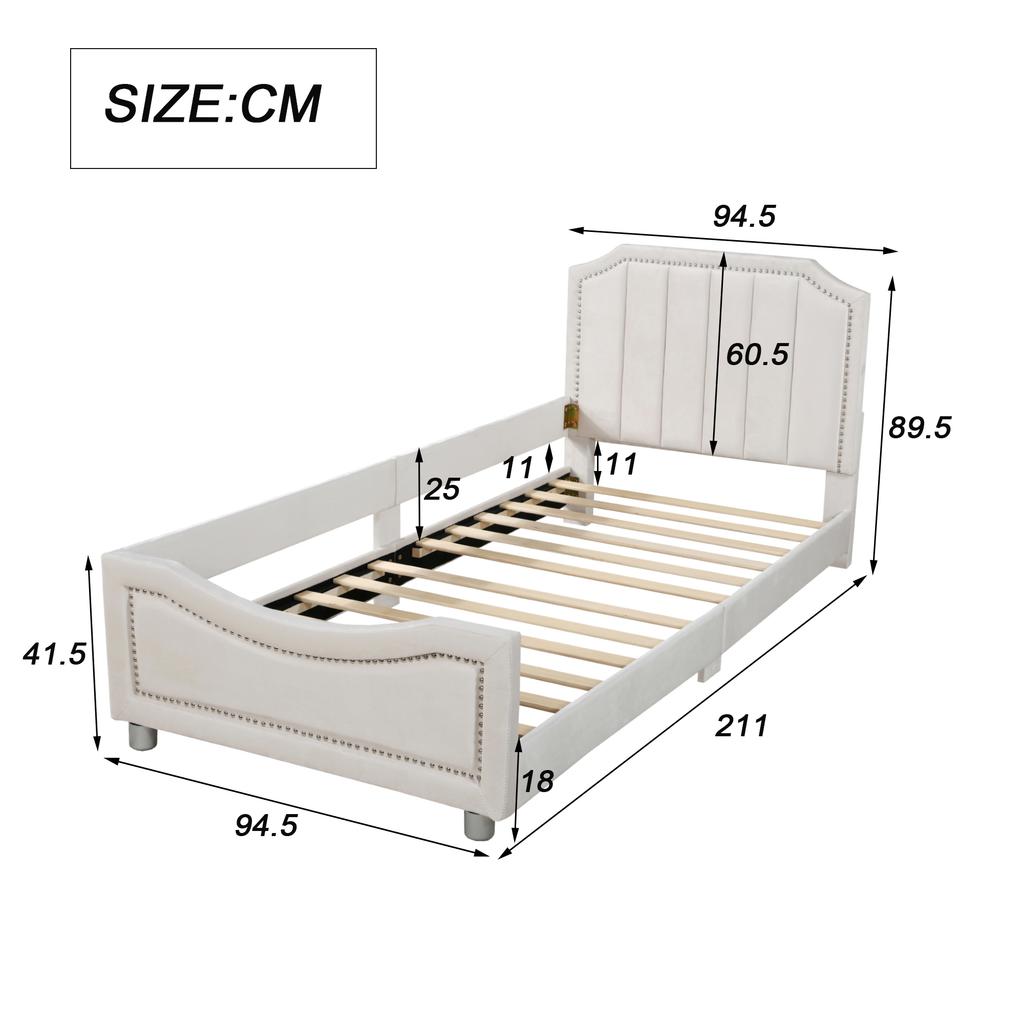 Kids' Bed Upholstered Bed 90*200cm Sleeper Sofa Bed Frame Flannel Multifunctional Soft Bed with Backrest Armrest Parent-Child Youth Guest Bed Beige