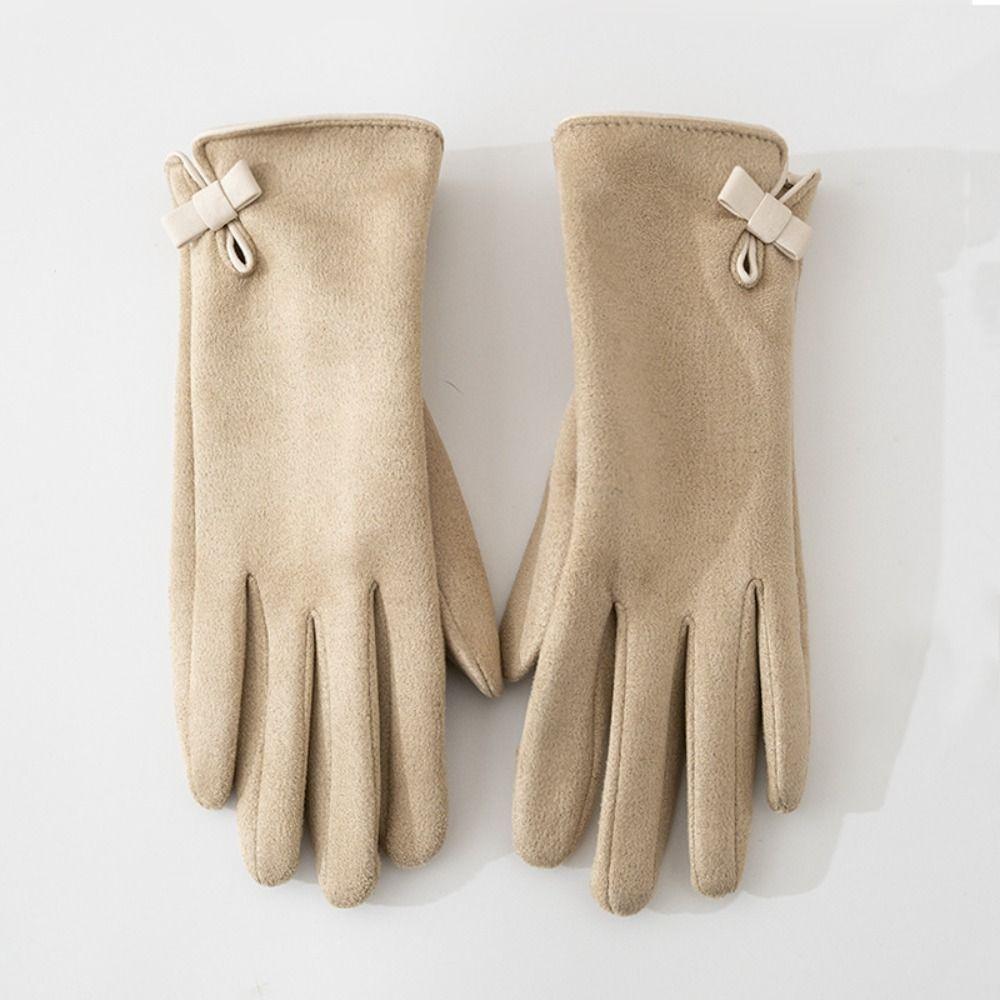 Soft Pu Leather Gloves Velvet Women Cycling Mittens Cute Winter Bow Suede Gloves Autumn