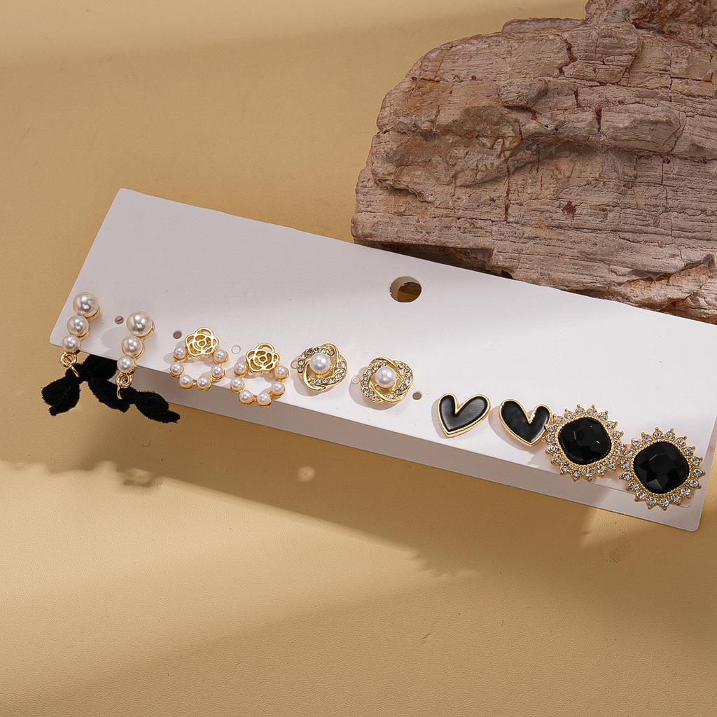 Ten-piece Set of Diamond-encrusted Imitation Pearl Flocking Bow Love Geometric Silver Needle Stud Earrings