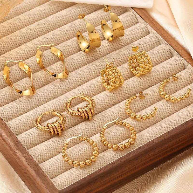 Stainless Steel Gold Color Hoop Earrings Retro Geometric Twisted Beaded C Shape Earring Jewelry For Women Daily Party Decor