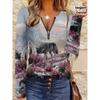Elegant Casual Comfortable Style Painting Wolf Element Printing Pattern Code Women's Clothing Crew Neck Zipper Long Sleeve