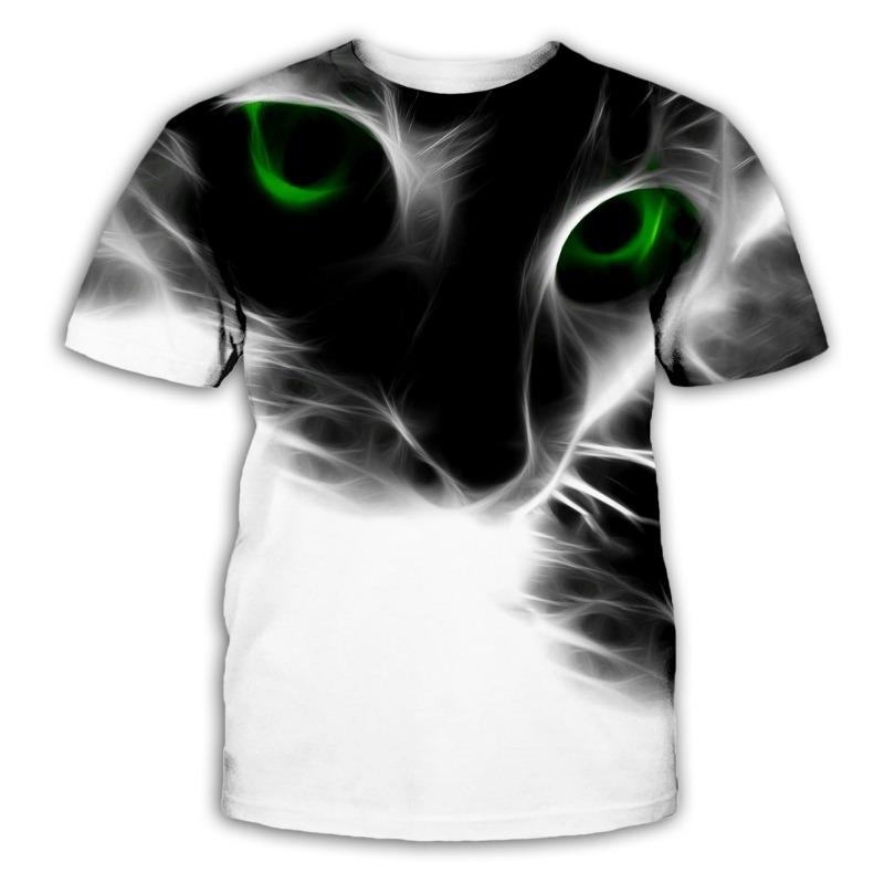 3D Digital Cat Art Printed Round Neck Short Sleeved Casual T-shirt for Teenagers with Stripes Shirt