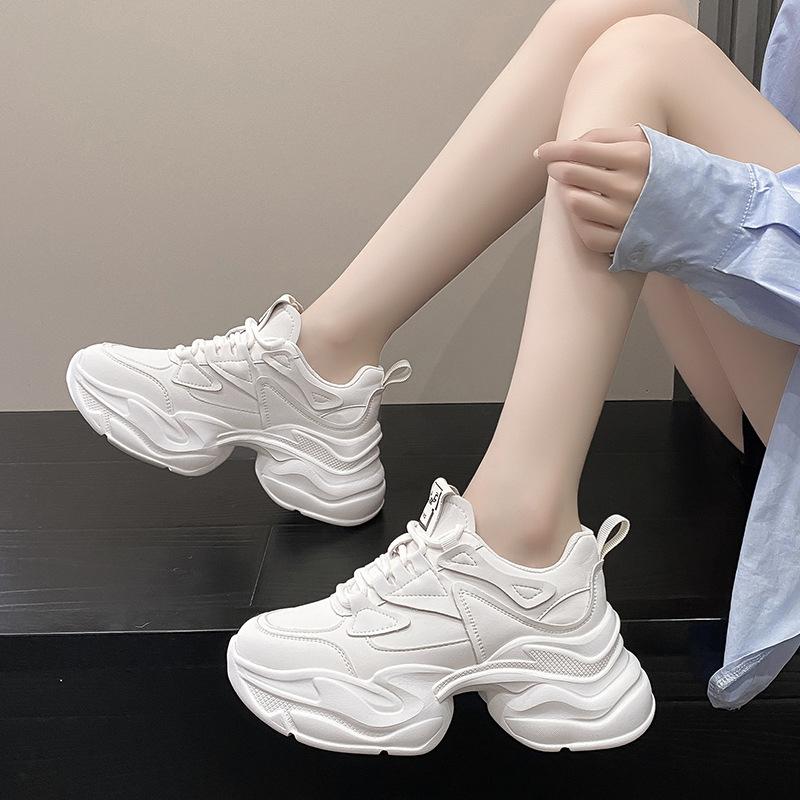 Comfortable Women's Dad Shoes Thick Sole Heightening  Spring Autumn Pure Color Adult Laced Polyurethane Casual Sports Shoes