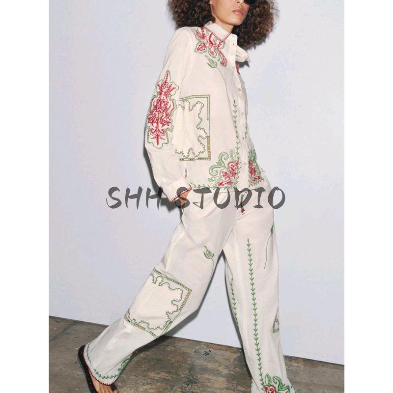 Cotton Lapel Long Sleeves Single-Breasted Contrast Color Embroider Decorative Shirt 5107065 Casual Pants 5107064