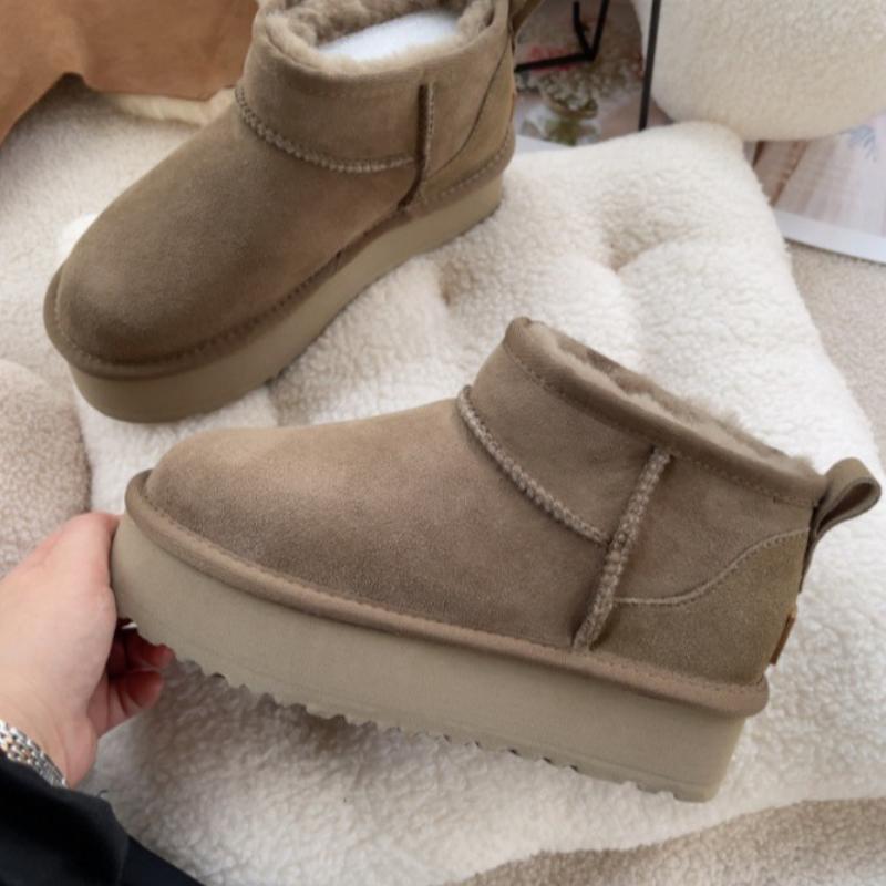 Bottes de neige à plateforme en peau de mouton véritable pour femme, augmentation de hauteur de 4 cm, enfilables, bottines cheville, chaussures d'hiver chaudes pour femme