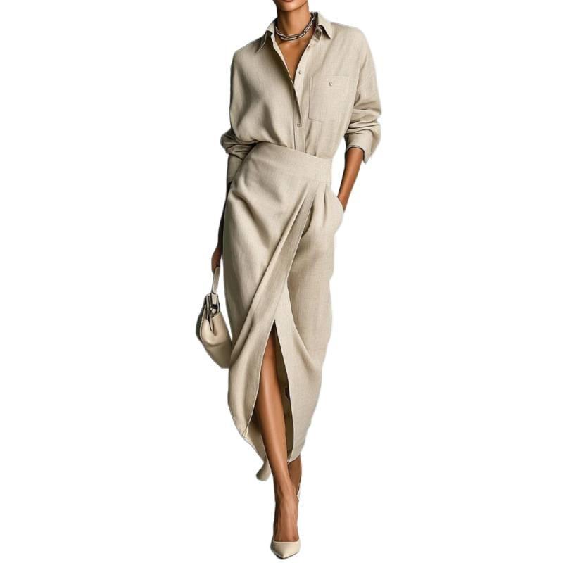 1116 European and American women's clothing spring elegance temperament commuter long-sleeved shirt irregular split skirt set