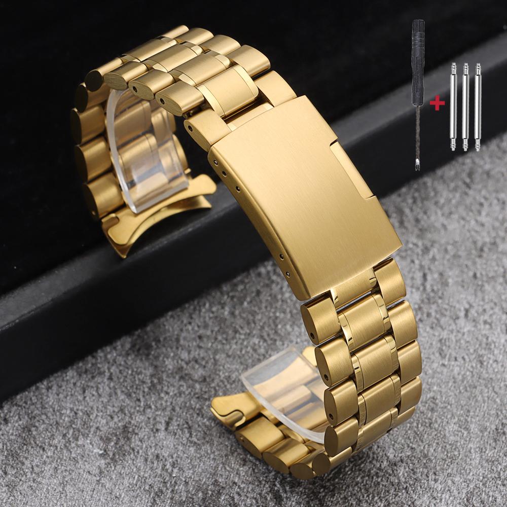 16mm 18mm 20mm 22mm 24mm Straight Curved End Stainless Steel Watch Band Silver Gold Black Metal Folding Clasp Bracelet with Tool
