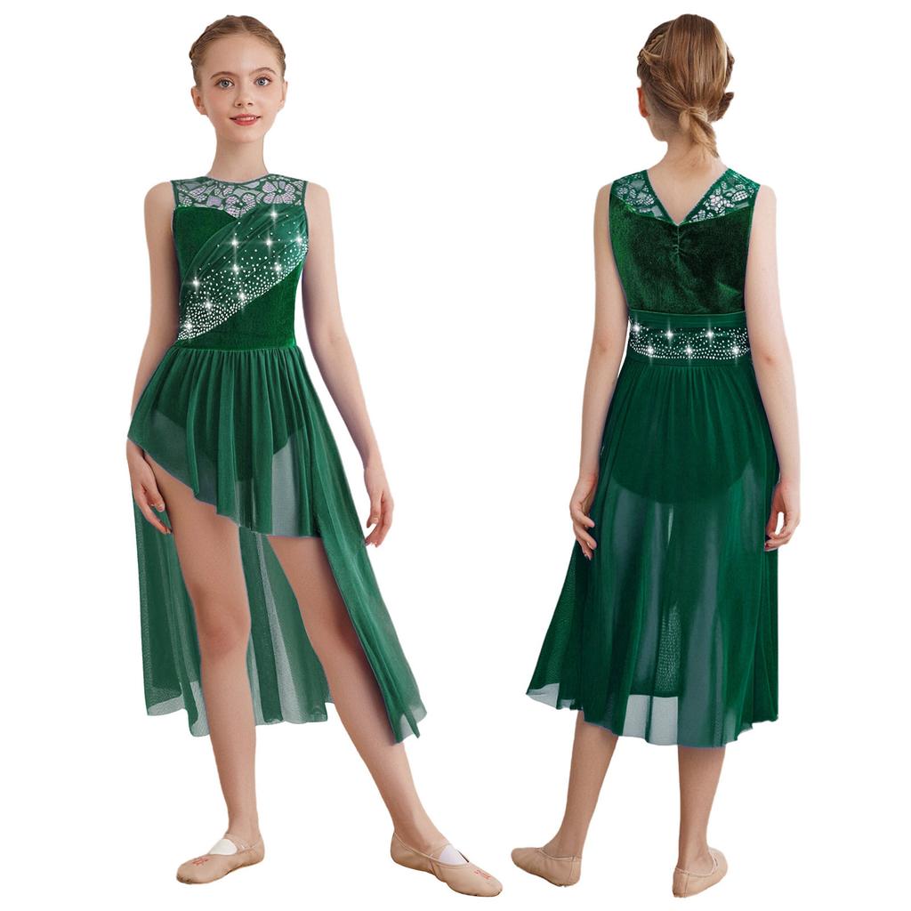 Lyrisches Tanzkleid für Mädchen: Funkelnde Strasssteine auf Spitzen-Patchwork & Raffinierte Netz-Überlagerung mit elegantem asymmetrischem Saum