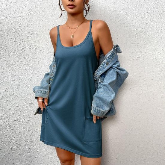 Women's Nightgown Sleeveless Chemise Pajama Dress Spaghetti Strap Racerback Tank Dress with Pockets