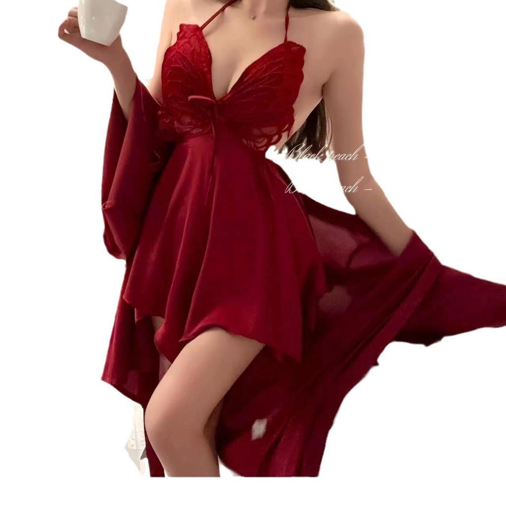 Butterfly Halterneck Ice Silk Lingerie Set with Sleeveless Nightgown and Sexy Back Detail.