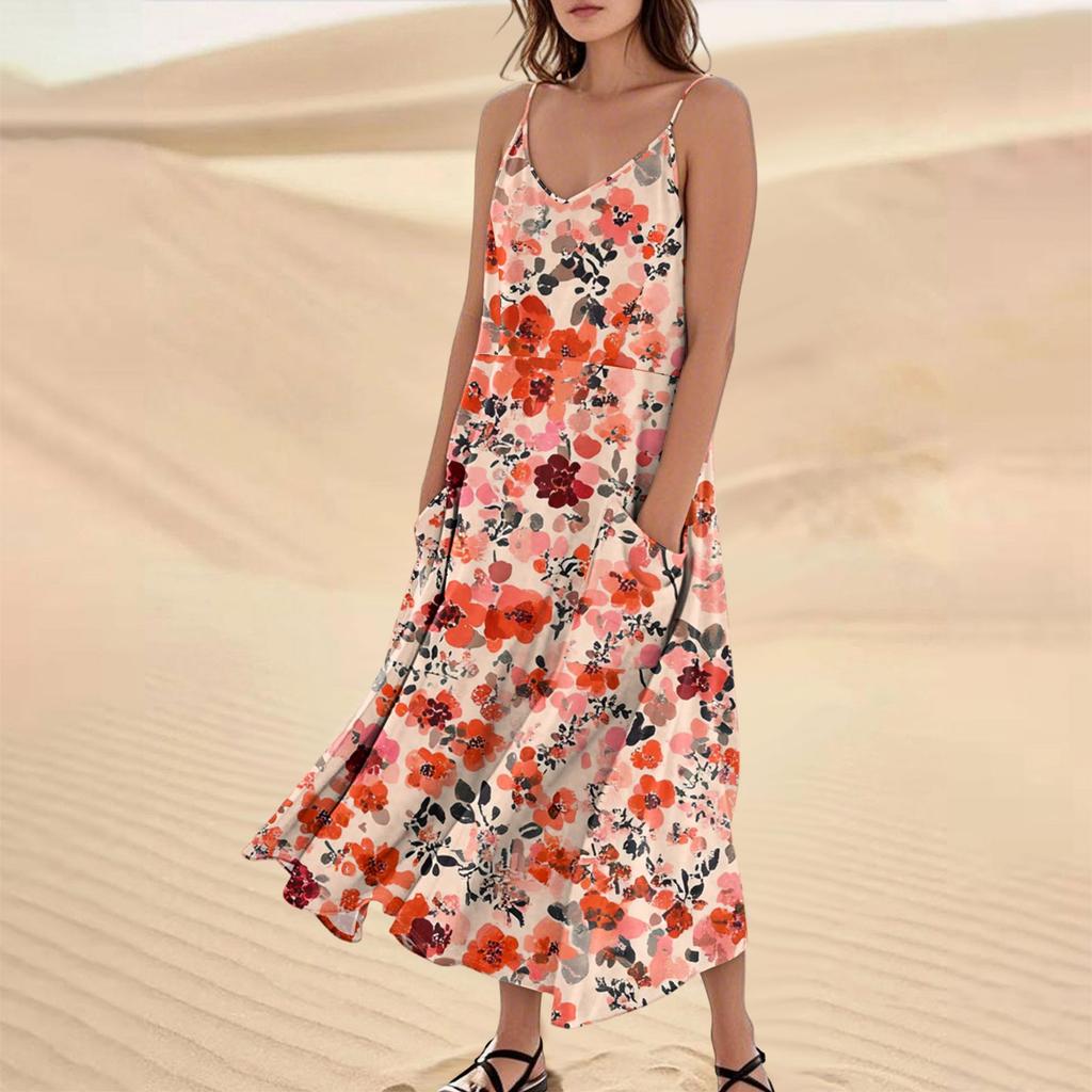 Women's Fashion Casual Floral Print Sleeveless Pocket Long Beach Dress
