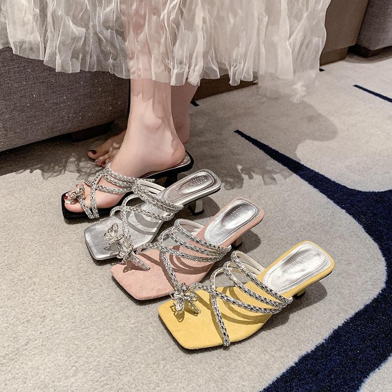 Slippers women's outer wear 2025 summer new rhinestone thick heel with skirt high heel word with bow cool slippers women