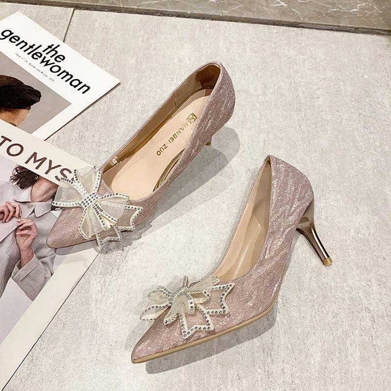 Large Size Bridesmaid Shoes Fattened Feet Wide Silver French Crystal Bridal Shoes Hepburn Style Evening Dress Women's Shoes High Heels