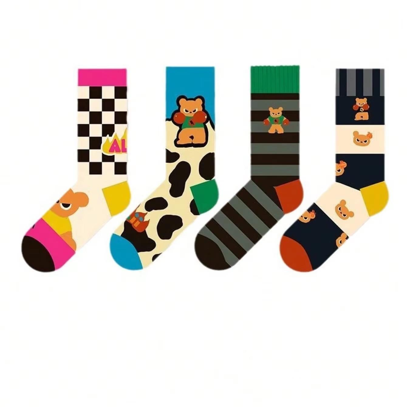 

4 Pairs of 2025 New Black and White Checkerboard Socks, Cartoon Cute and Grumpy Bear Series, Trendy Socks for Women One Size