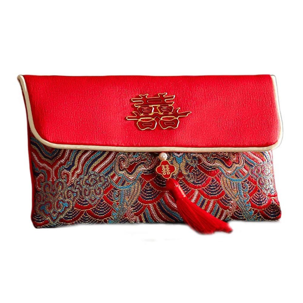 Chinese New Year PU Lucky Red Pockets Button Blessing Words Tassel Red Envelop PU Leather Spring Festival