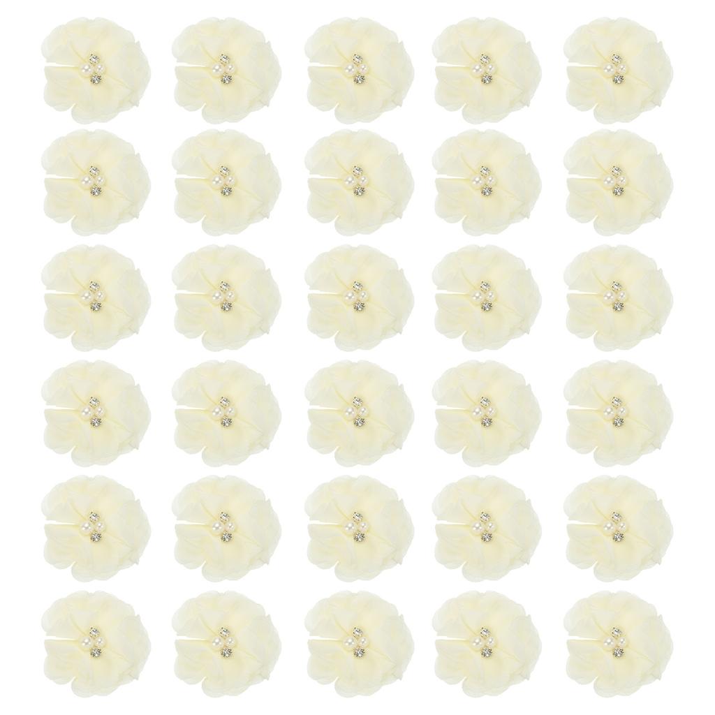 12/30pcs Chiffon Flowers Rhinestone Pearl Sewing Fabric Flowers Artificial Appliques Embellishment for Clothing Wedding Craft 2"