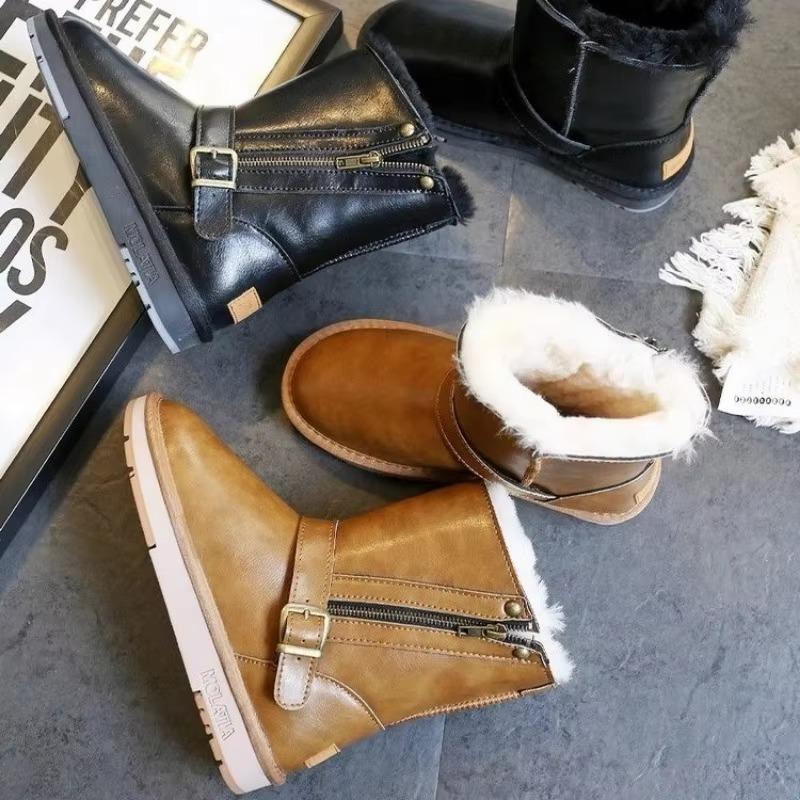 Fashion Winter Plus Velvet Mid-Calf Boots 2024 High Quality Side Zipper Women's Boots Fashion Belt Buckle Daily Boots Women Ladies Shoes