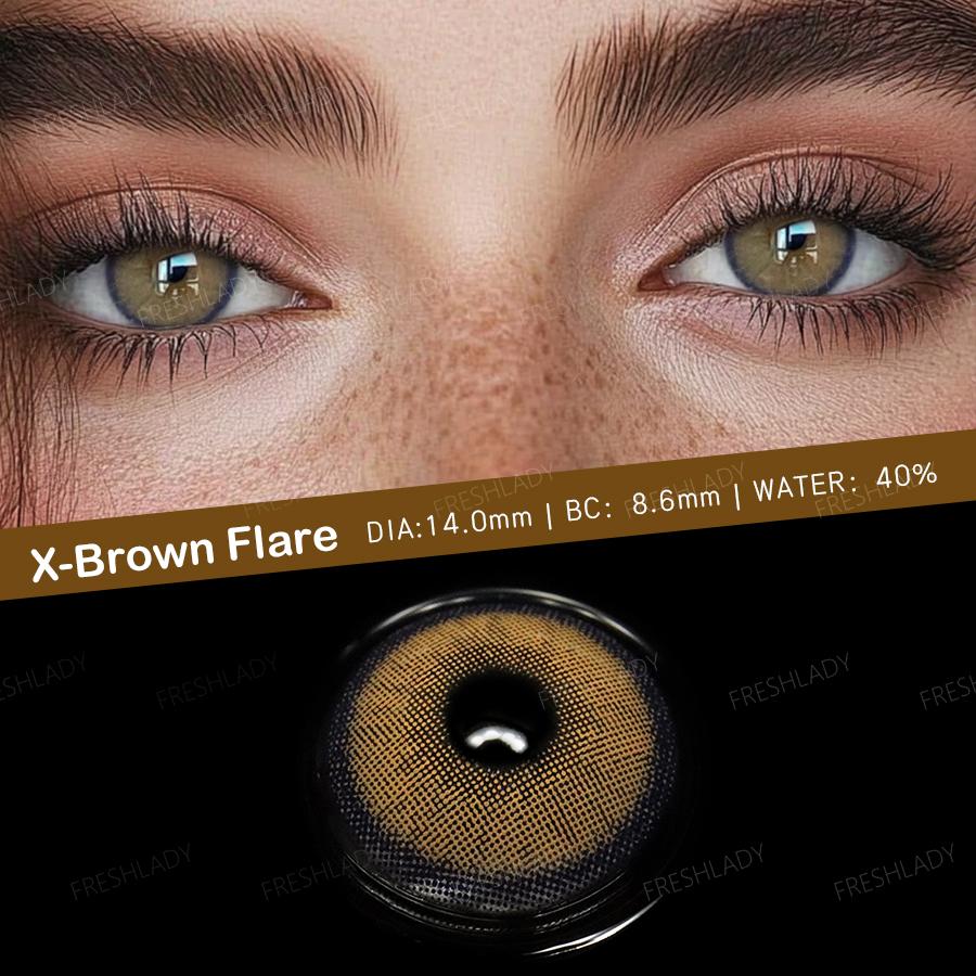 FreshLady 1 Pair 2pc 14.00mm Yearly Disposable Brown/Gray/Green Content Colored Contacts Lens, Beautiful Pupil Eye Makeup Contactlens