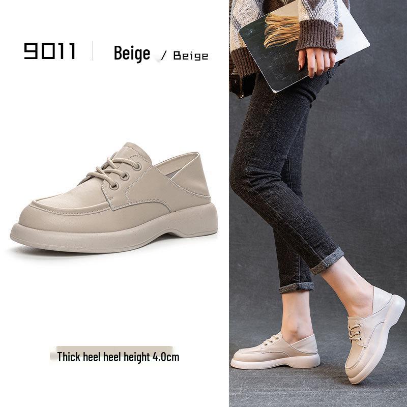 

Женские коричневые ретро лоферы из кожи 2025 года с мягкой толстой подошвой - Британский стиль для весны 39 грязно-белый