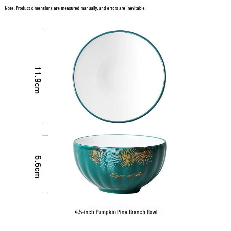 Peacock Green Pumpkin Tableware Set: Rice Bowl, Plate, Soup Bowl, Noodle Bowl, Fish Plate.