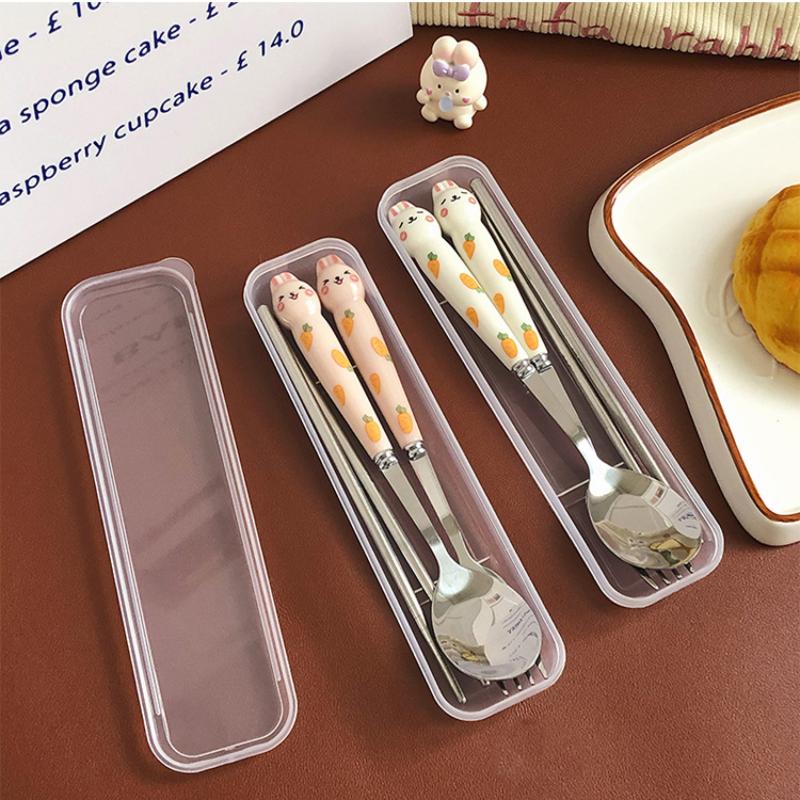 Stainless Steel Cartoon Knife Fork Spoon Kitchen Dinnerware Animals Glossy Ceramic Handle Set With Box For Dessert Steak