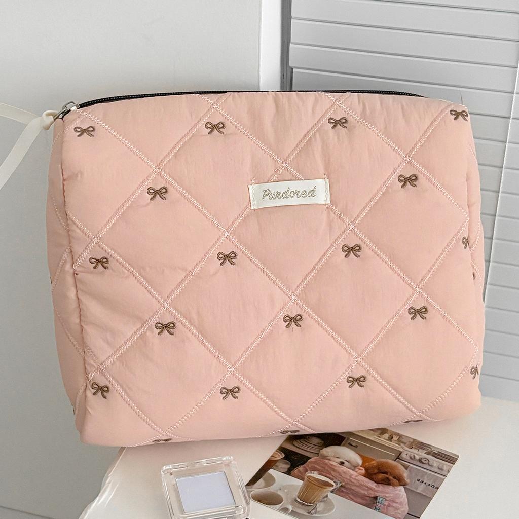 Modische Damen Cartoon Schleife Erdbeerprint Clutch Tasche Tragbar Stepp Handtasche Große Kapazität Party Reißverschluss Damen Taschen Beutel