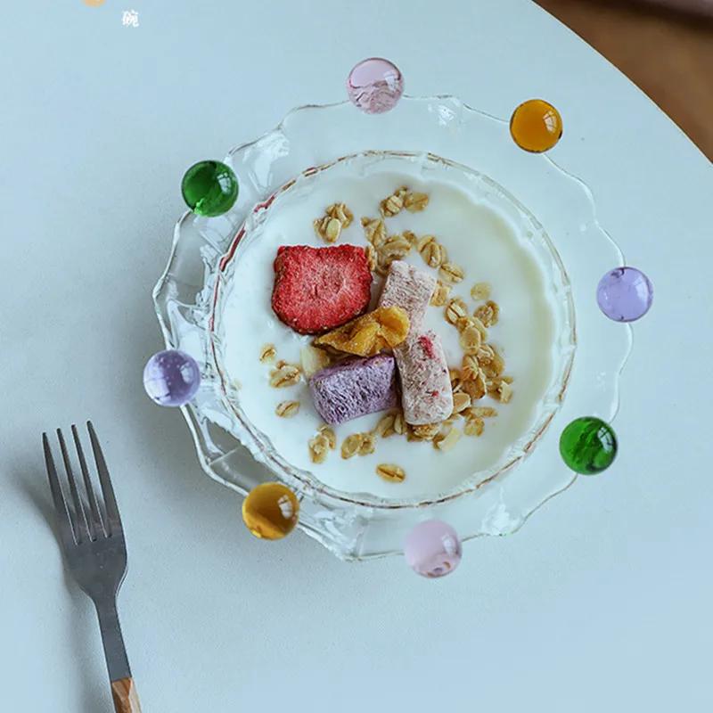 Glass Bowls Creative Crown BowlsHigh Borosilicate Glass Bowls Coloured Bead DotsFruit DessertIce Cream Cereal Yoghurt Bowls