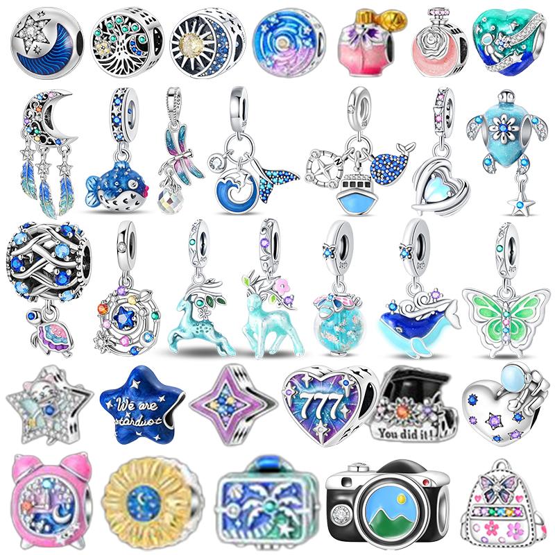 Pulseira Original Copper Fit com Pingente Joia Diy Clip Azul Contas Série Céu Estrelado Galáxia Pingente Lua Pendente