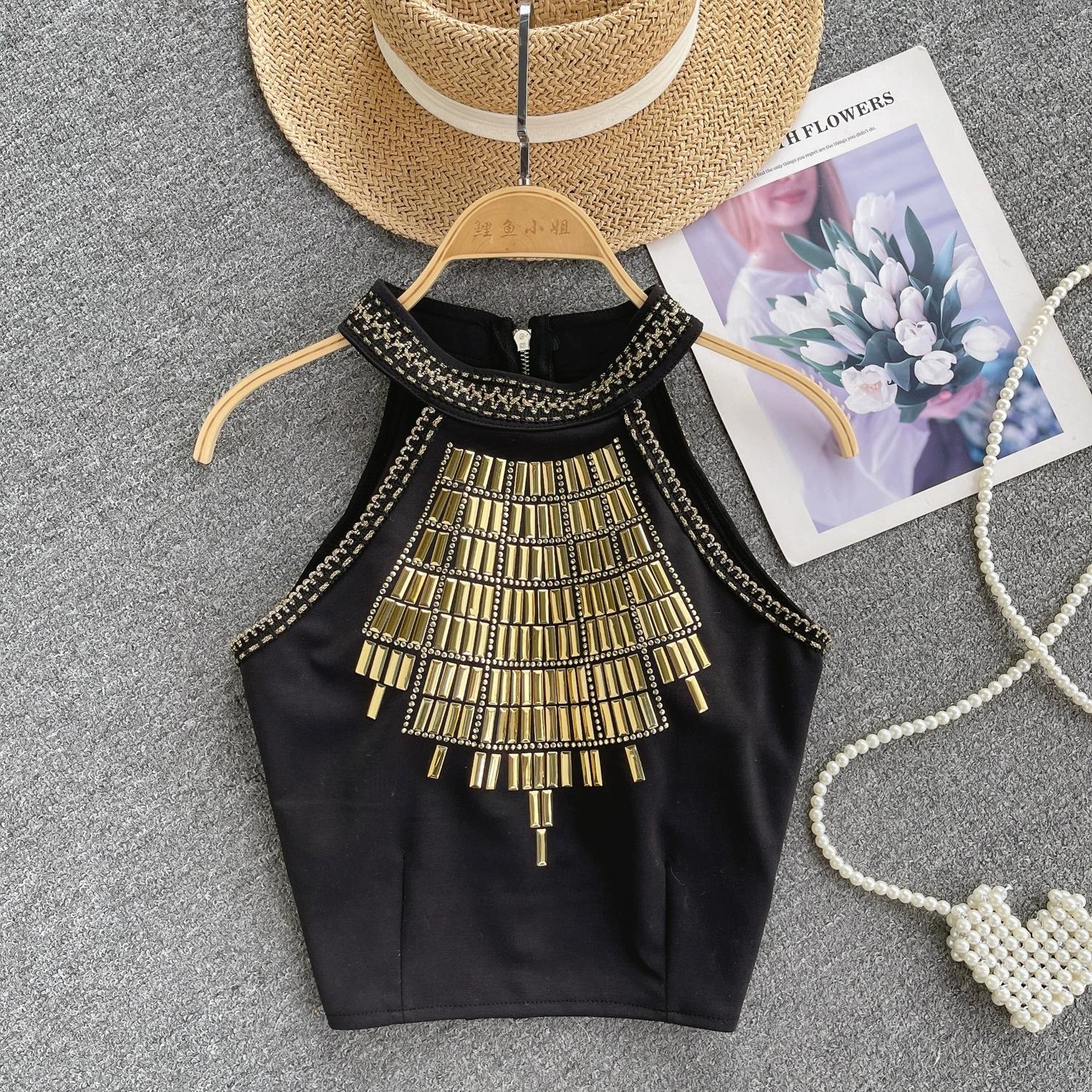 

Летний женский короткий жилет на молнии с железной палкой, сексуальные топы-поло без рукавов для танцев и клубов для девочек L