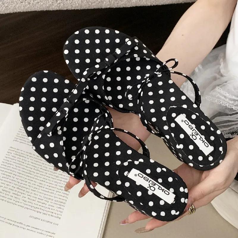 Fashion Elegant Bow Polka Dot Design Brand Slipper Women Fashion Narrow Band Slide Sandal Comfort Soft Bottom Dresses Sandalias De Mujer