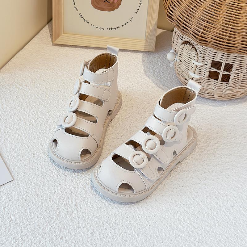 Kids Sandals High Top Hollowed-out Girls Princess Shoes Hook&loop Ins Trendy 2025 Summer New Children Beach Shoes Soild Color