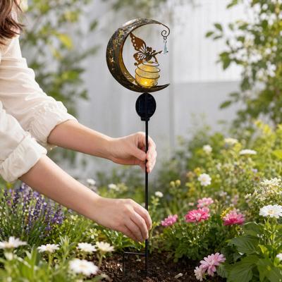 Solar Garden Light, Butterfly Fairy Moon Figurine Stake Light, Outdoor Waterproof Solar Powered Pathway Light for Patio, Lawn, Yard Decor