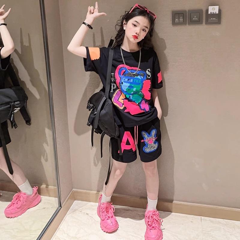 Girls Summer Children Clothes Cartoon Bearr Printed T-shirts + Shorts Suit Teenage Hip Hop Short Sleeve 2 Pieces Set Top Bottom Outfits