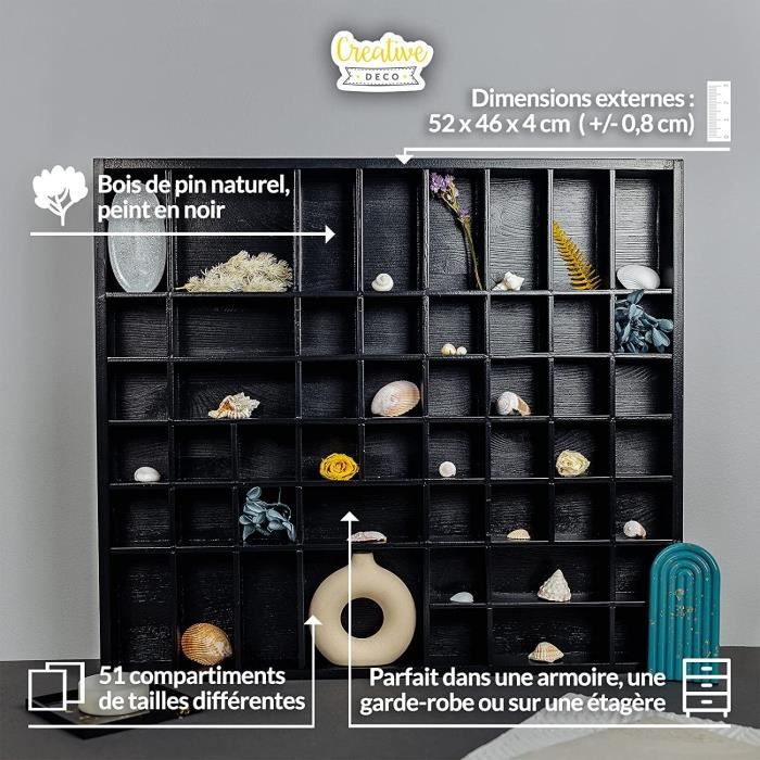 Creative Deco Vitrine Plateau Étagère Bois Noir| 51 Compartiments | 52 x 46 x 5 cm | Rangement Bijoux Armoire Tiroir | Organisateur