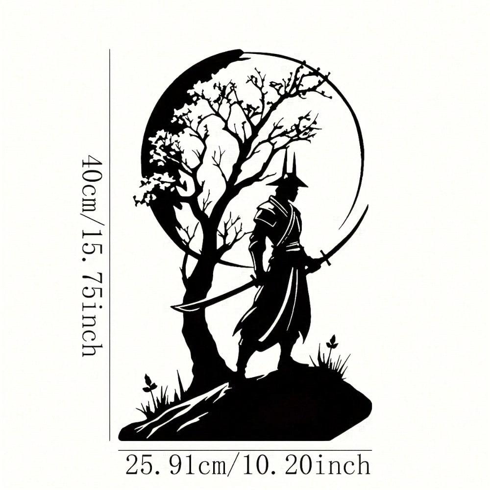 Japanese Samurai Cherry Blossom Metal Wall Art, Iron Silhouette with Moon & Sword for Home Decor