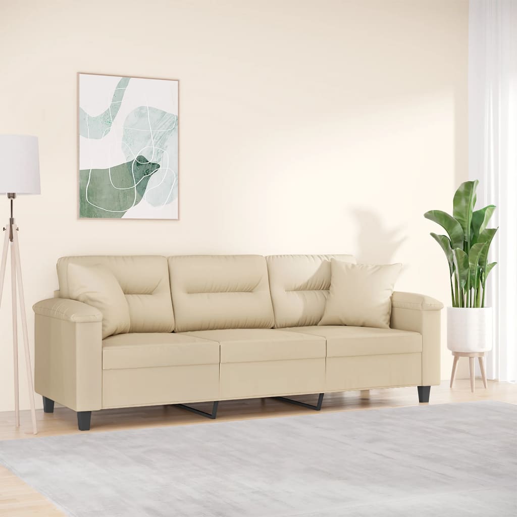 3 Seater Sofa with Cushions Cream 180 Cm Microfibre Fabric