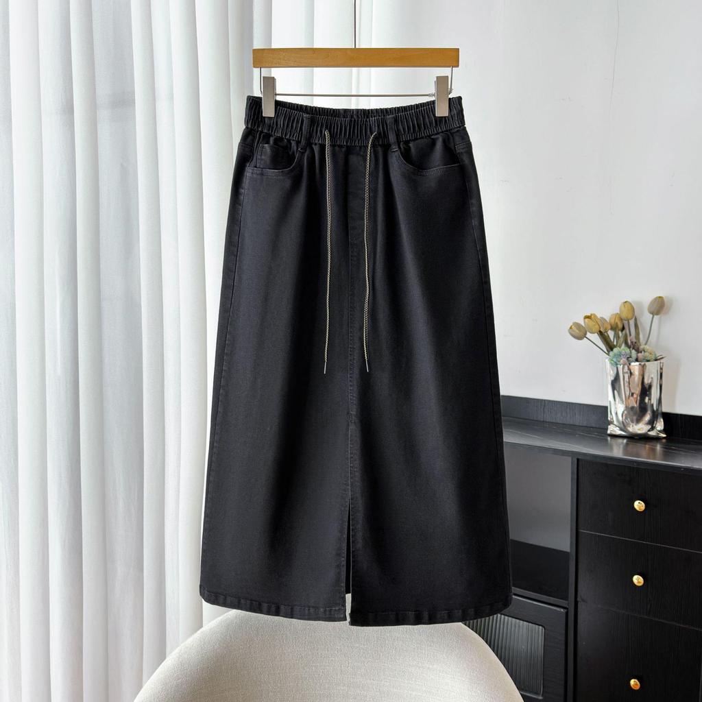 Autumn Women's Plus-Size Denim A-line Skirt with Front Slit, High Stretch, and Slimming Fit