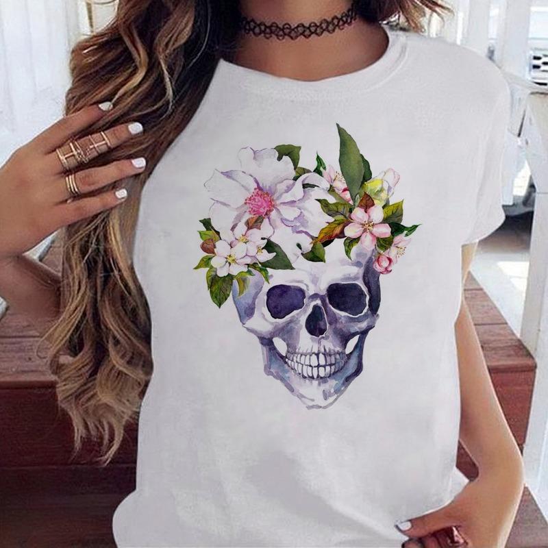 Fashion Skull Flower Print Women T Shirt Summer Casual Short Sleeve O Neck Women Tshirt