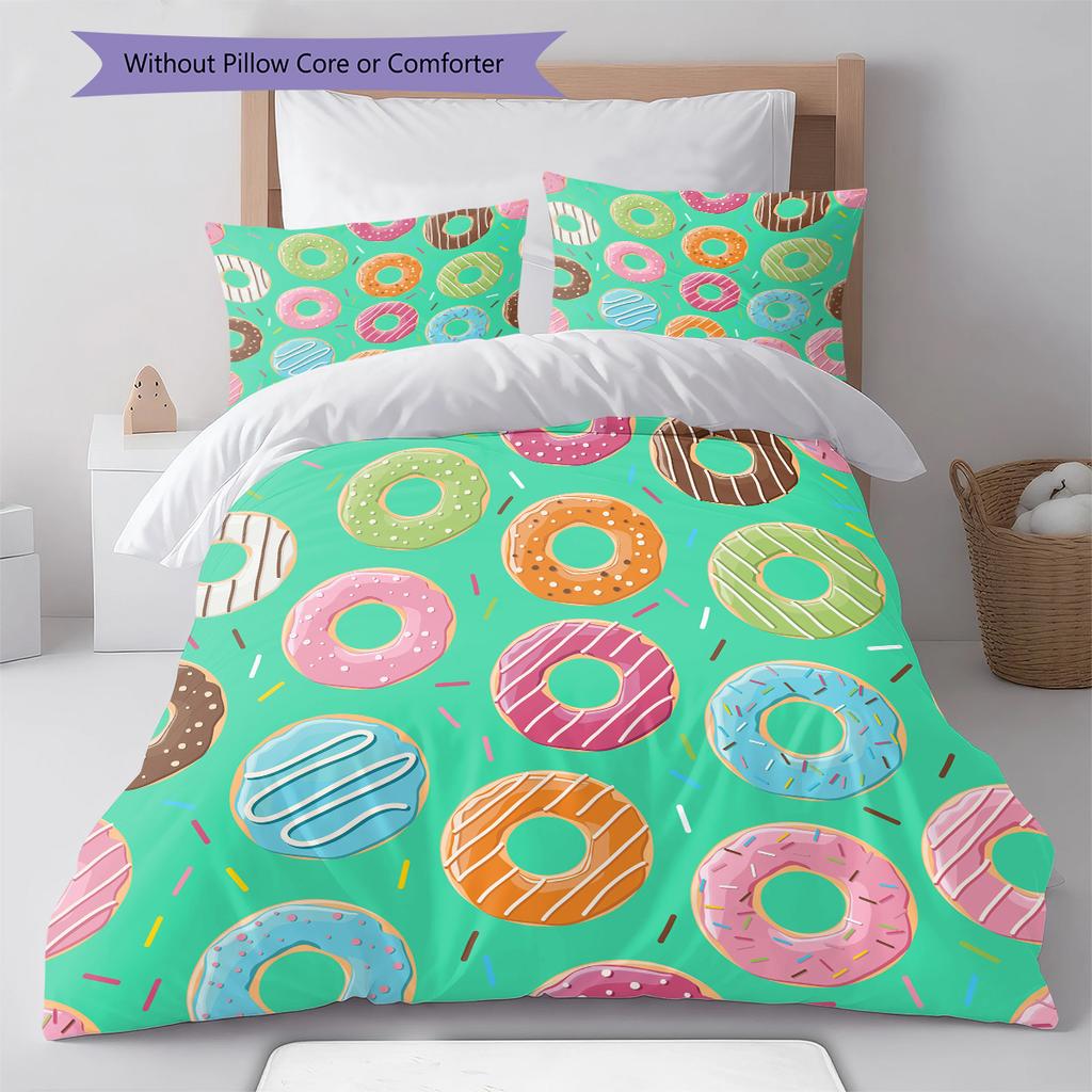 Donuts Pattern Bedding Quilt Set Quilt Cover Pillowcase Home Decoration Gift (1 * duvet cover + 2 * pillowcase, without core)